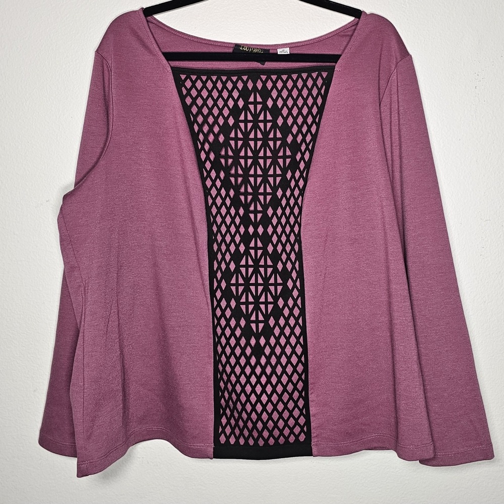 Bob Mackie Womens 1X Long Sleeve Purple Square Neck Shirt‎ Overlay Cut Out Artsy